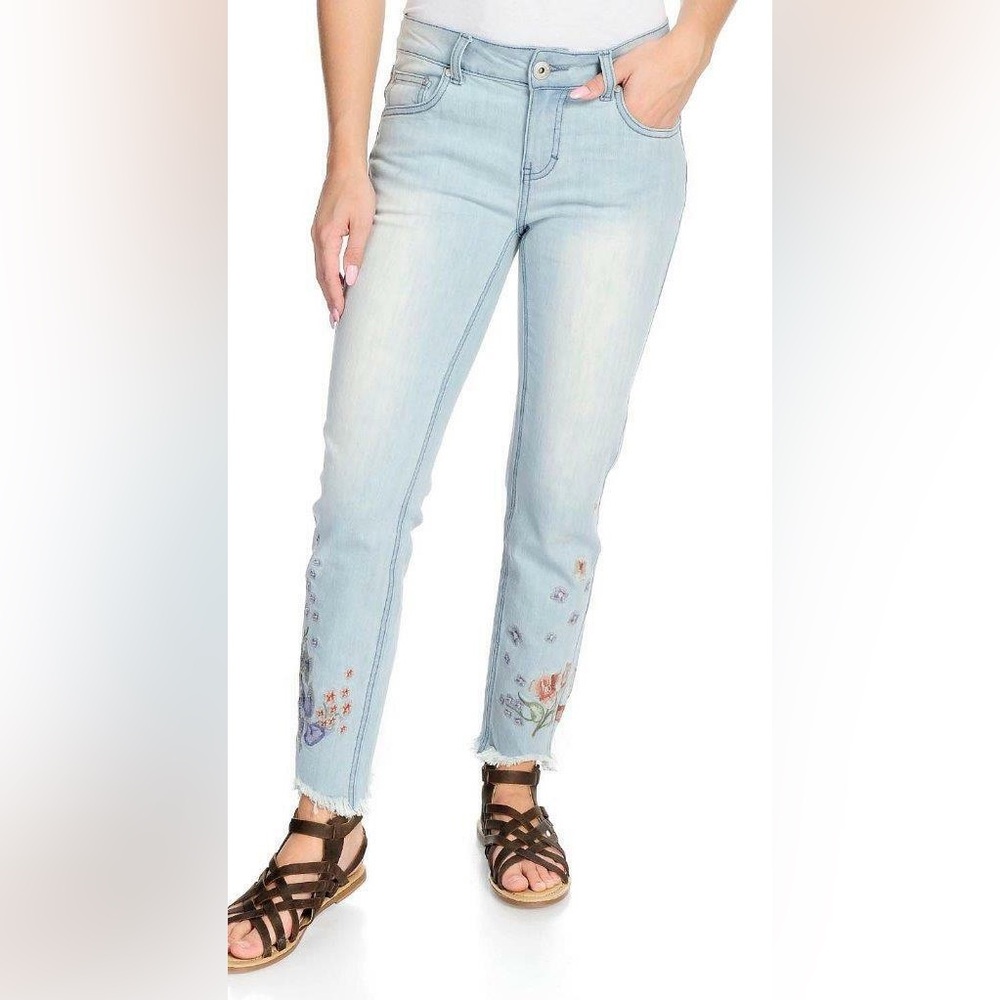 Indigo Thread Co Stretch Denim Embroidered 5-Pocket Raw Edge Hem Jeans | 8